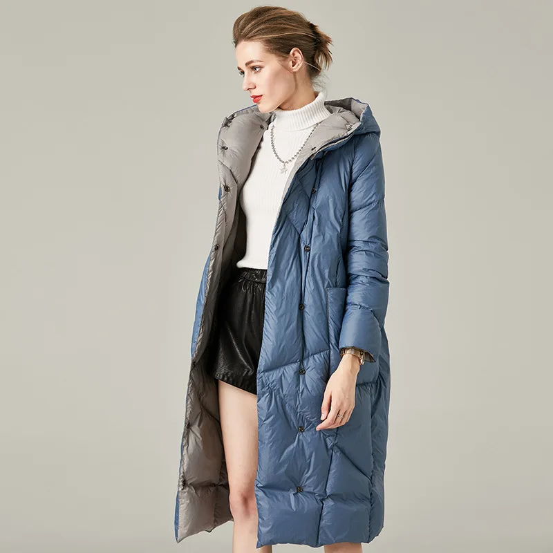 Down jacket women's mid-length autumn and winter hooded thickened fashion loose blue coat