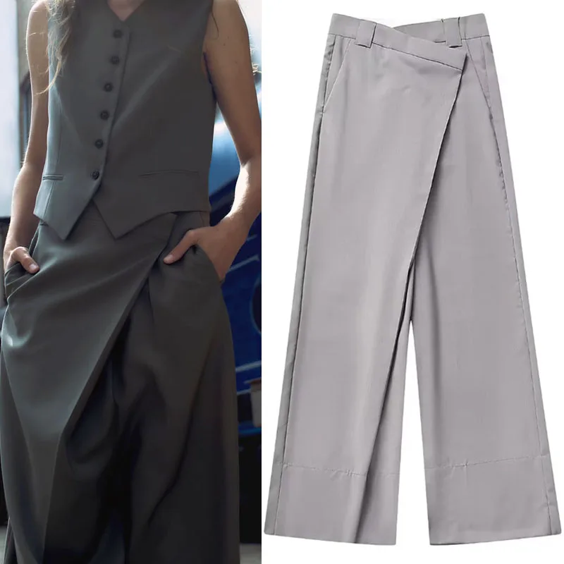 

Брюки TRAF женские асимметричные, комплект из 2 предметов, длинные брюки с поясом, с завязками и карманами, уличная одежда, брюки полной длины с широкими штанинами, серого цвета