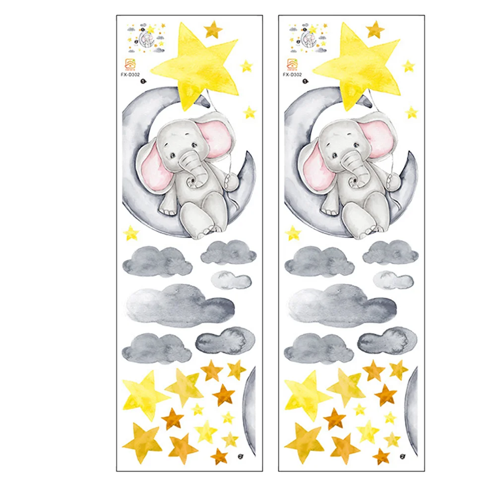 

2 Sheets Creative Cartoon Elephant Wall Stickers Moon Star Animals Wall Decals