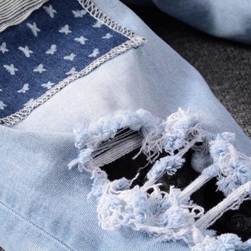 Luxury Designer Men Jeans Retro Blue Washed Slim Fit Spliced Ripped Jeans Classic Trousers Vintage Patchwork Denim Pants Hombre
