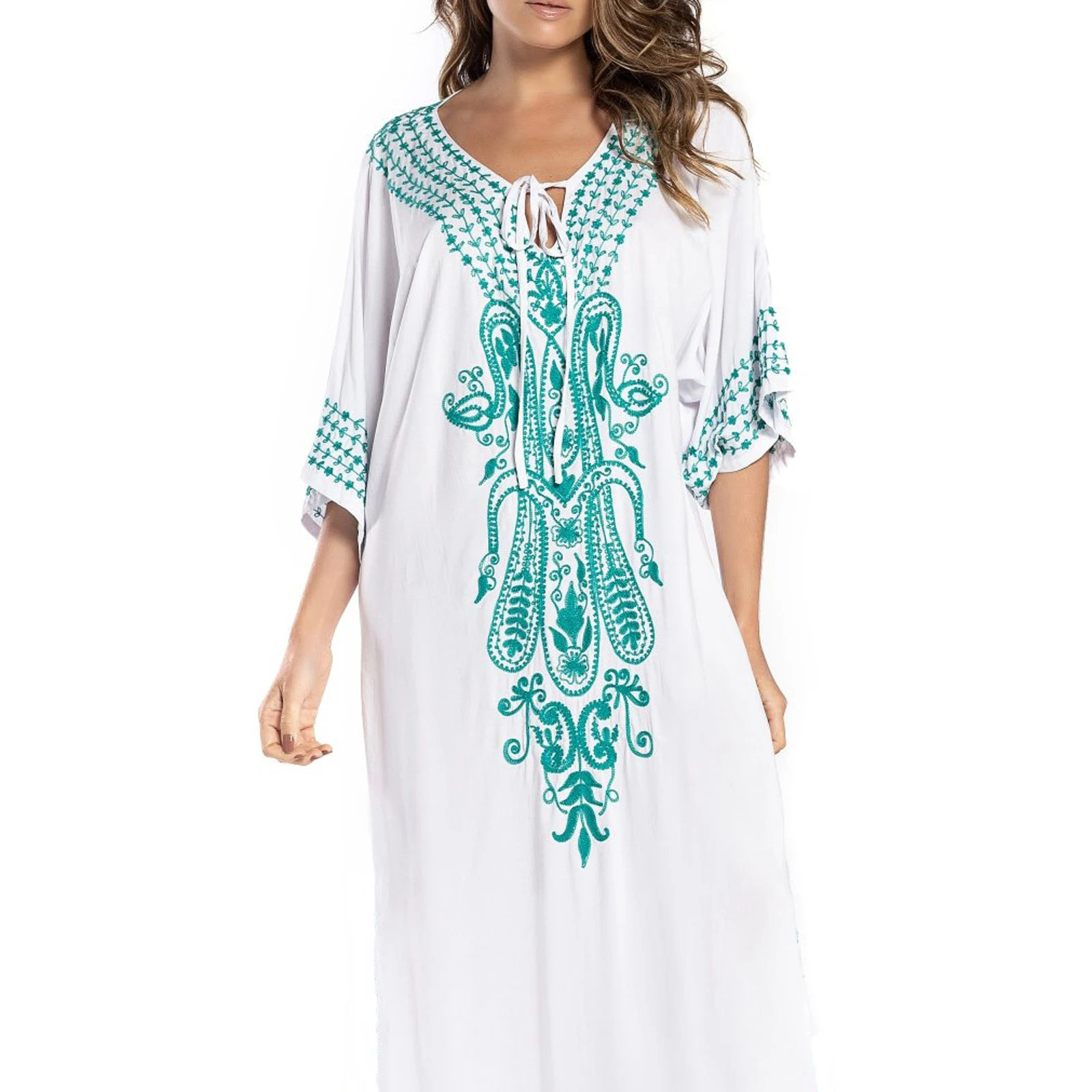 

Women Summer Breathable Loose Embroidered Beach Shirt Cover Up Embroidered Front Tie Long Bikini Cover Skirt Vacation Beach