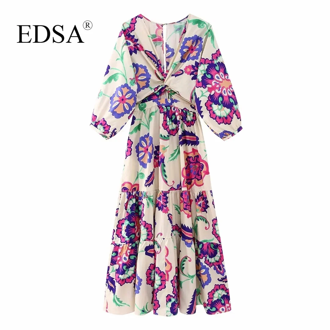 

Женское платье-миди из поплина EDSA, винтажное фиолетовое платье с принтом, V-образным вырезом, длинными рукавами, эластичным поясом и оборками на подоле, 2023