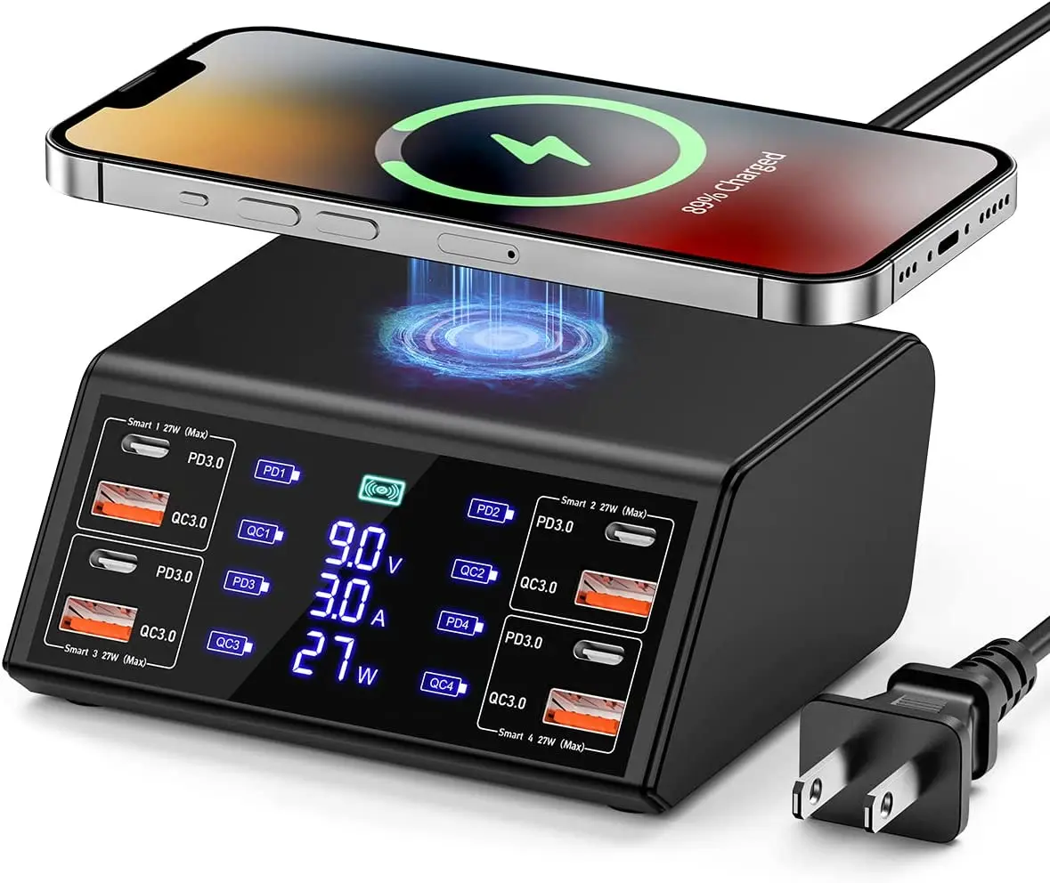 

ILEPO 100W USB C Fast Charger Station,4 QC3.0 + 4 PD3.0 PPS + Wireless Charging,9 in 1 USB Charger For iPhone 13 12 Samsung