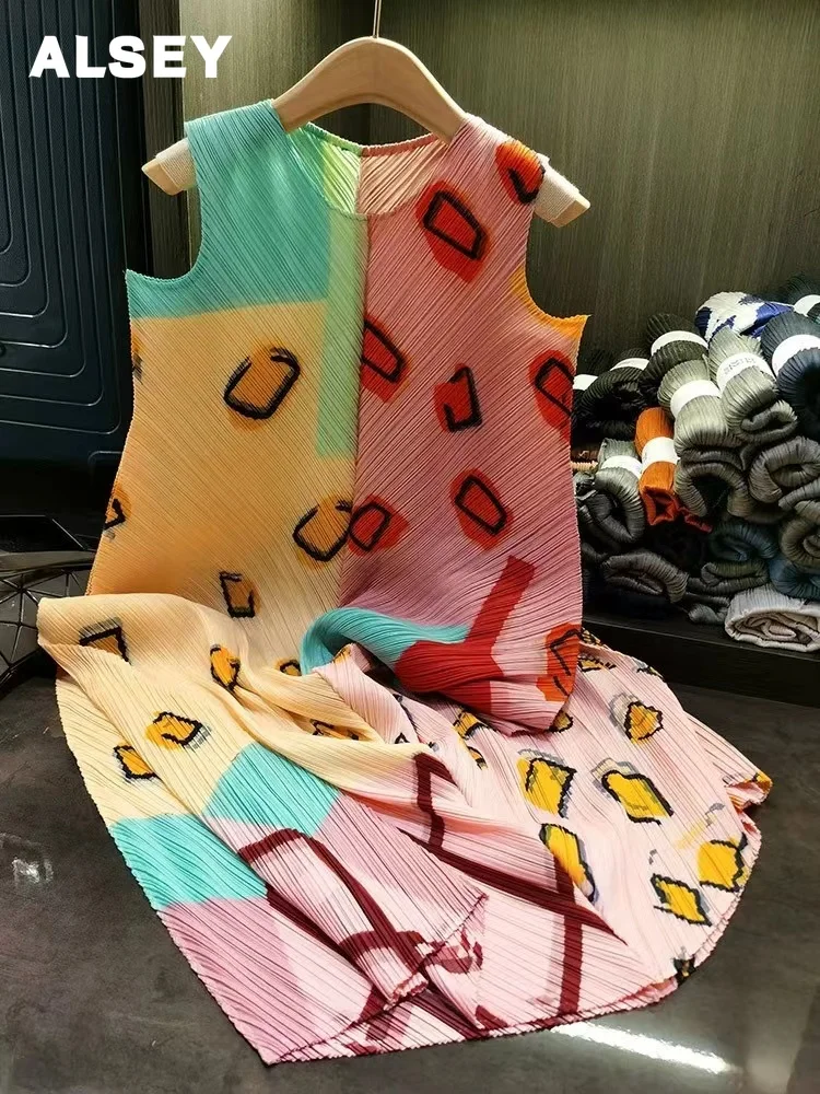 

Плиссированное Платье ALSEY Miyake с круглым вырезом, цветной блокировкой, в художественном стиле, без рукавов, свободного покроя, трапециевидного силуэта, Элегантное летнее платье, новинка 2023