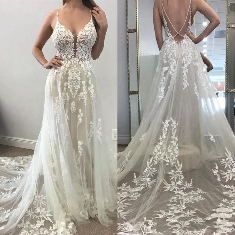 

Sexy Deep V-Neck A-Line Wedding Dresses Illusion Backless 3D Lace Appliqued Bridal Gown Plus Size Boho Wedding Party Dress
