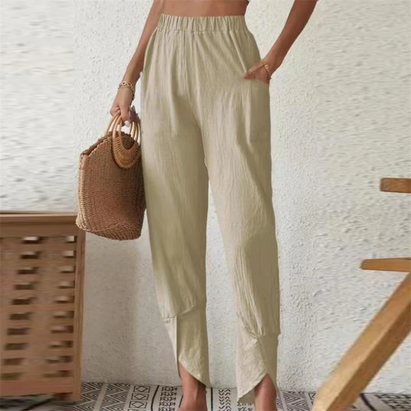 

Women Pants High Waist Elastic Lace Up Cotton Linen Long Straight Pants Female Solid Color Casual Loose Wide Leg Trousers Daliy
