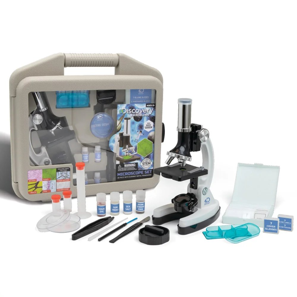

Mindblown Microscope Set 48-Piece with Durable Metal Framework, 120X to 1200X Magnification, Complete Set with Test Tubes