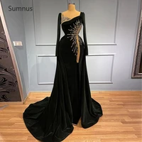 sumnus vintage black evening dresses 2022 full sleeves velour mermaid crystal long train vestidos de noche formal occasion
