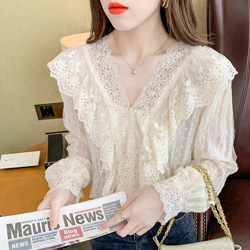 

Lace Women's Blouse V-neck Girl's Shirt Spring Casual Fashion Solid Long Sleeve Top Summer Korean Style Female Clothing