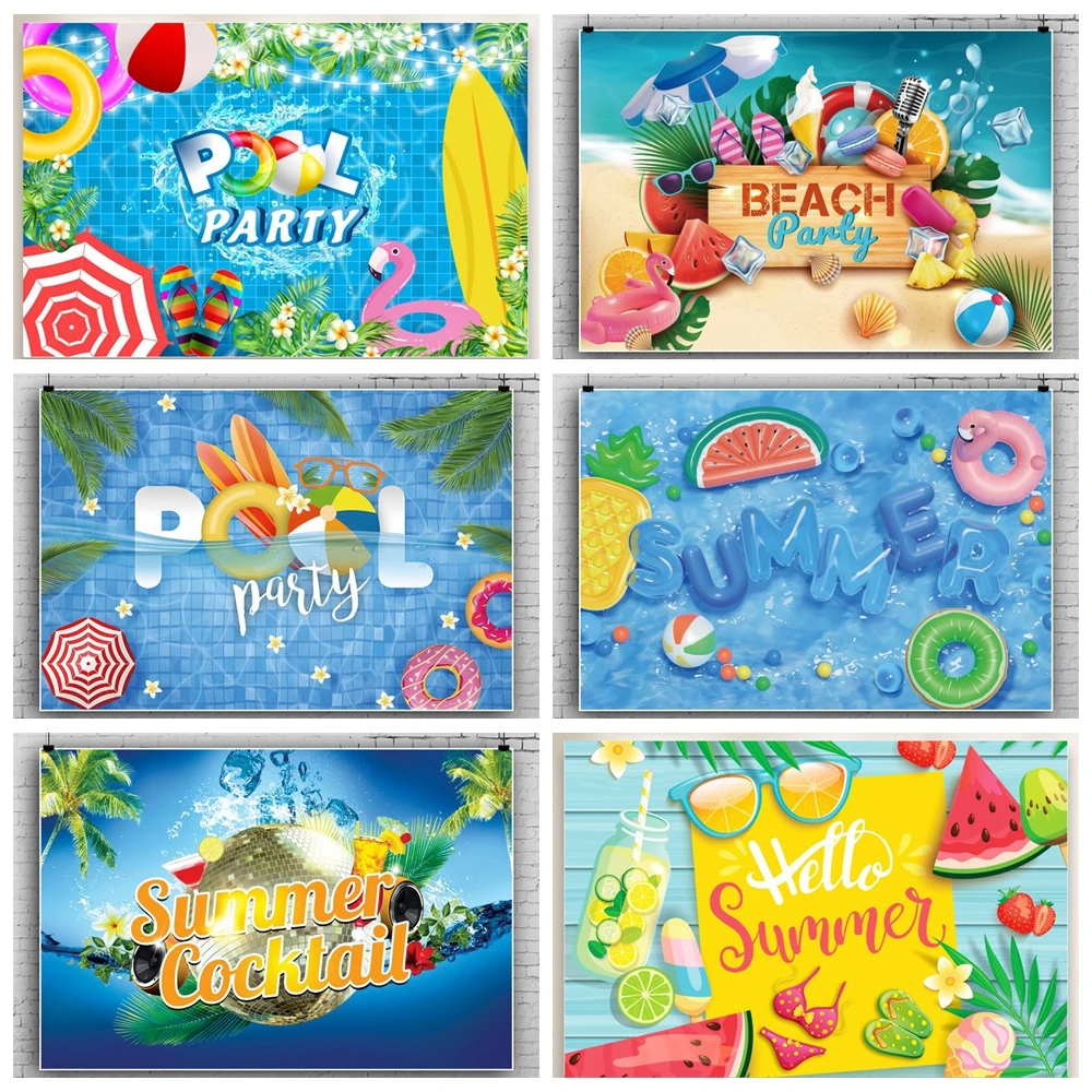 

Summer Swimming Pool Party Photography Backdrop Fruits Watermelon Water Waves Ball Swim Kids Birthday Portrait Decor Props