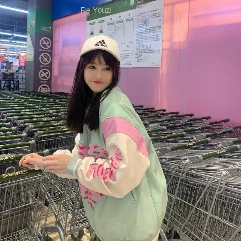 2023 Autumn New Y2K Bomber Jacket Women Korean Fashion Heart-shaped Print Sweet Streetwear Clothing Zip Up Baseball Coat Outwear