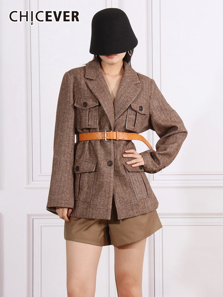 

CHICEVER винтажное темпераментное пальто для женщин с зубчатым воротником однобортное лоскутное повседневное свободное осеннее пальто с поясом женское 2023