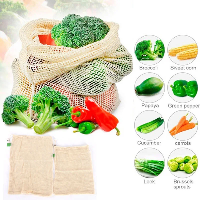 

1pc Cotton Mesh Vegetable Bags Produce Bag Reusable Polyester Mesh Vegetable Storage Bag Kitchen Fruit Vegetable With Drawstring