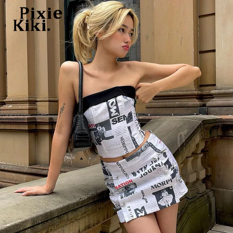 PixieKiki Newspaper Print Sexy 2 Piece Skirt and Top Y2k Aesthetic Summer Outfits for Women 2022 Night Club Dress Sets P85-CG24