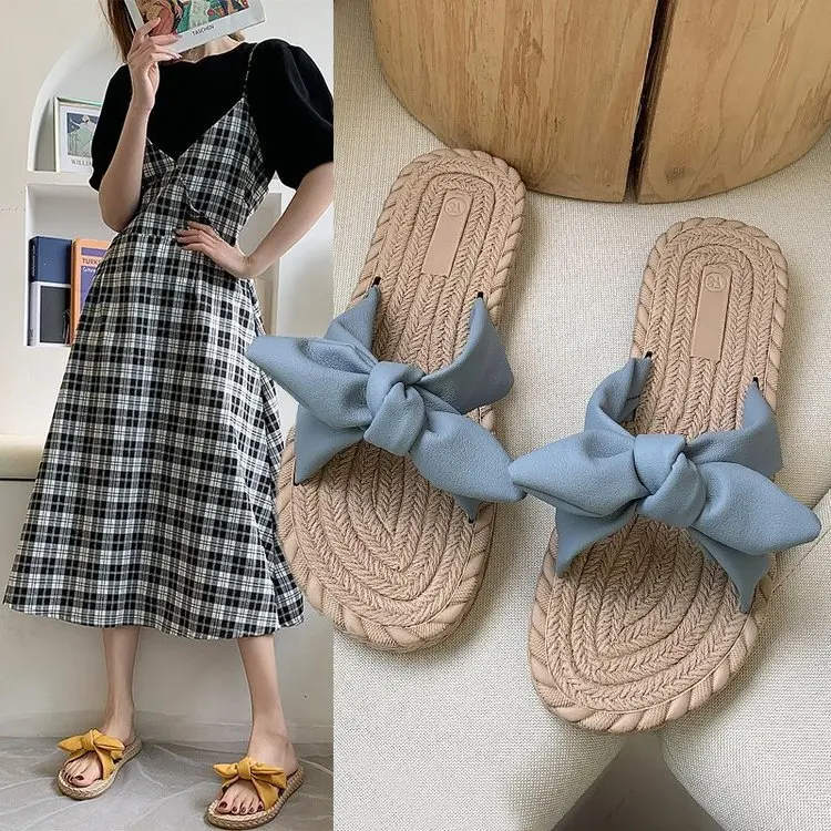 

Тапки женские с бантом-бабочкой, повседневные туфли на плоской подошве, слайперы из флока, роскошные пляжные, ПУ ткань, карамельные цвета, ле...