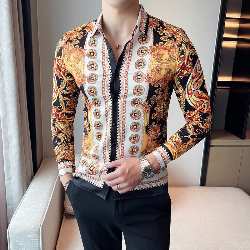 Men‘s Luxury Printed Long Sleeve Shirts Fashion Social Party Blouse Slim Fit Streetwear Shirt For Men Dress Shirt Chemise Homme