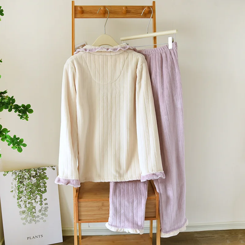 New autumn and winter women's pajamas long-sleeved trousers two-piece flannel thickened pajamas suit coral fleece home service