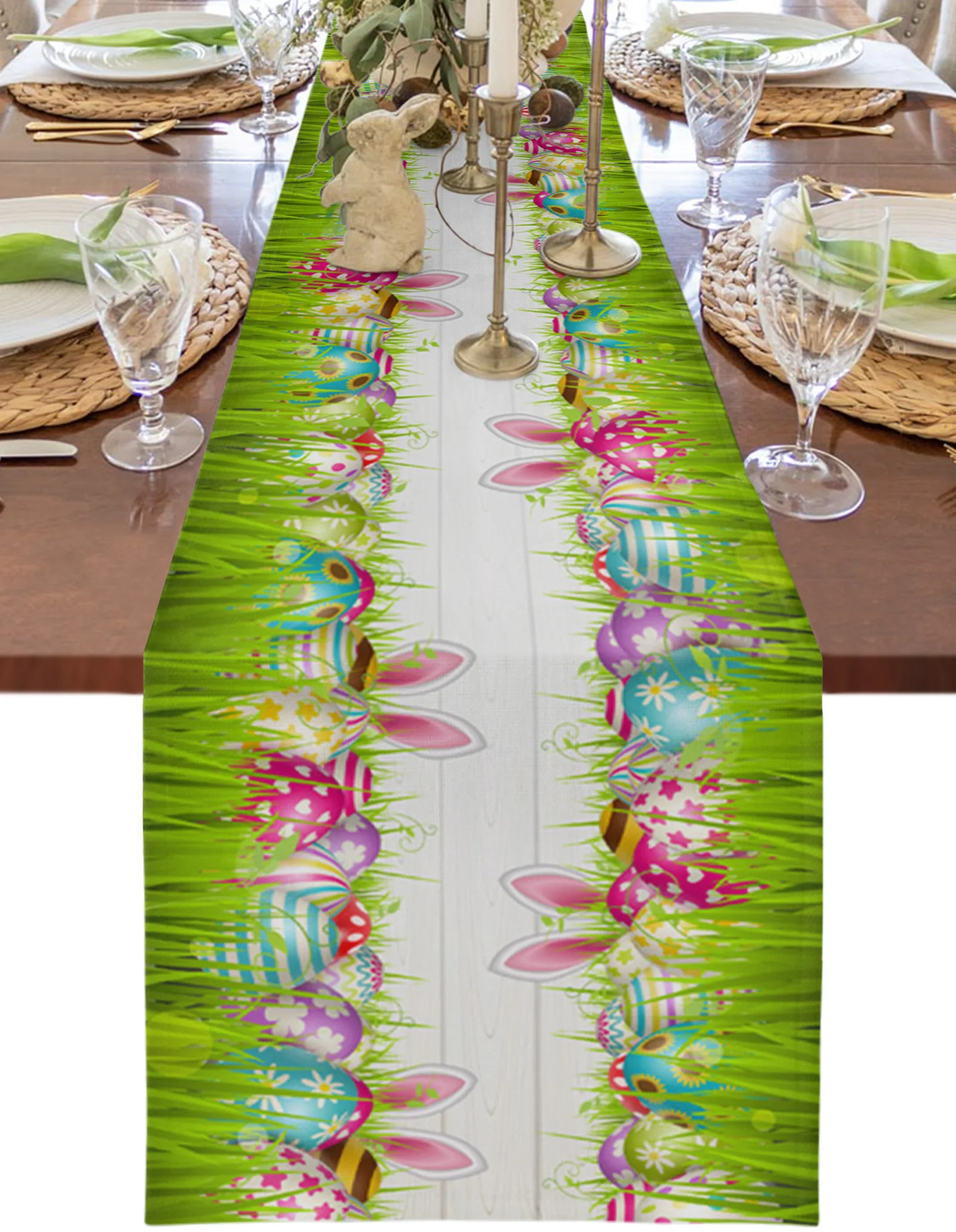 

Easter Eggs Rabbit Ears Grass Printed Table Runner Wedding Party Table Decorations for Home Decor Gift Favor Placemat Tablecloth
