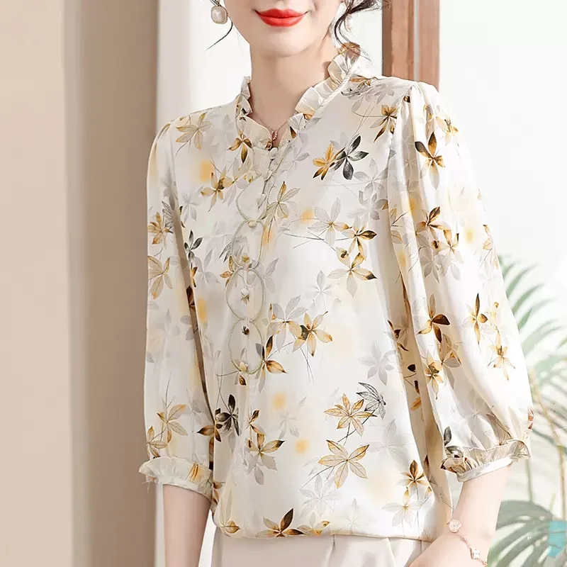 

Young Mother Foreign Style Chiffon Shirt Middle-aged 2023 Summer New top Middle-aged Women Seven Points Sleeve Small Shirt Loose