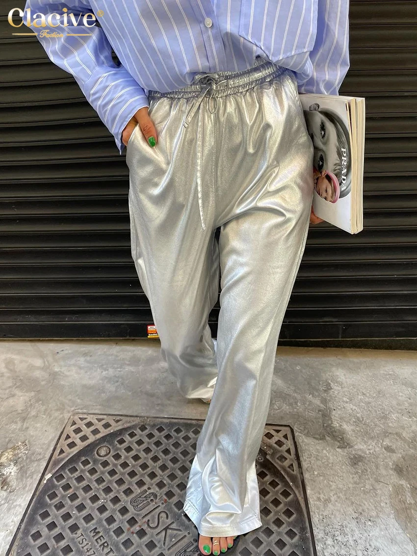 

Модные свободные серебристые женские брюки Clacive 2023, элегантные длинные брюки с высокой талией, повседневные классические брюки, женская уличная одежда