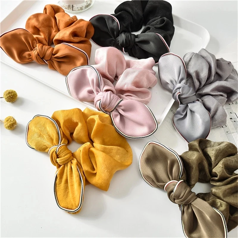 

Korean Bow Knot Elastic Runbber Band Cute Rabbit Ear Striped Hair Band Rope For Women Girls Sweet Solid Color Hair Tie Headwear