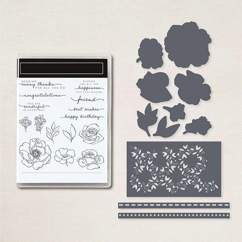 English/German/French Happiness Abounds Stamps and Dies Line-art Floral Clear Stamps for Scrapbooking Card Making Die Cuts 20A