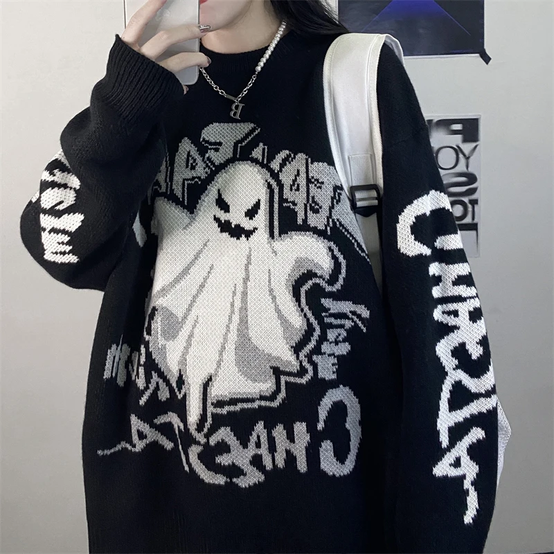 

Retro Sweater Dark Harajuku Style Student Letter Devil Thickening Men Women Loose Retro Knit Sweater Korean Top Casual Sweaters