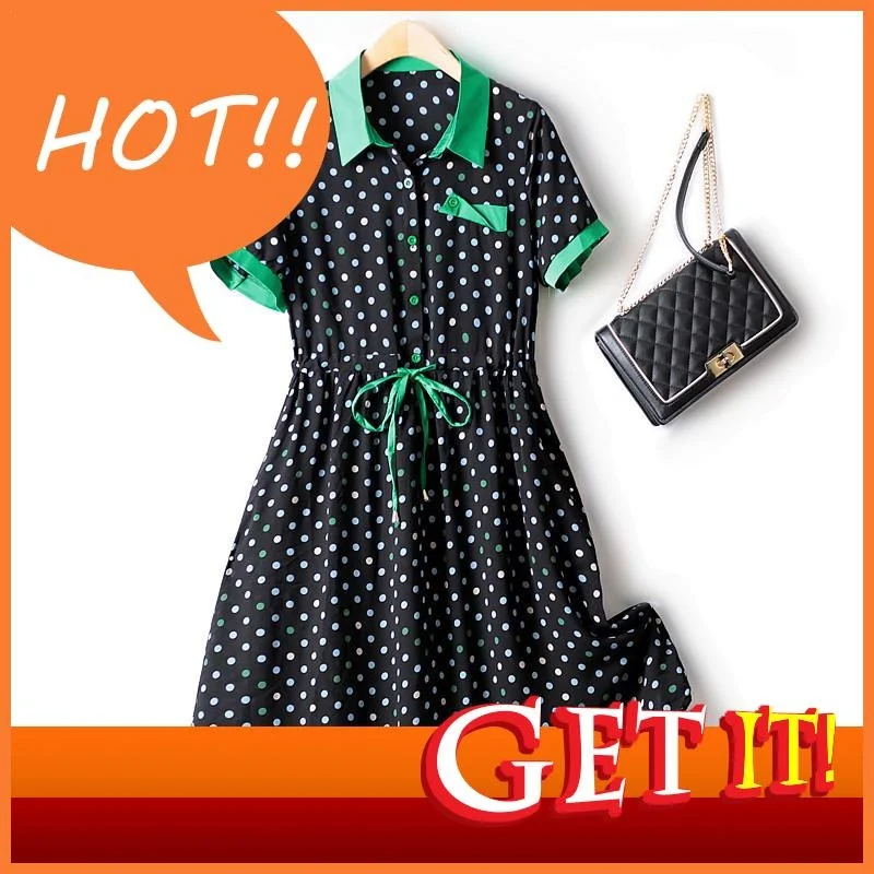 

2023 Woman Summer New Dresses Light Luxury Turn Down Collar Dot Contrast Color Waist Mid-length Single Breasted Chiffon Dress