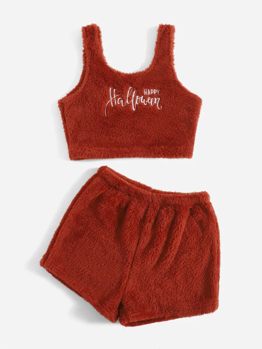 Autumn And Winter Embroidered Camisole Vest Shorts Female Cute Flannel Home Pajamas For Women Sexy Sleepwear