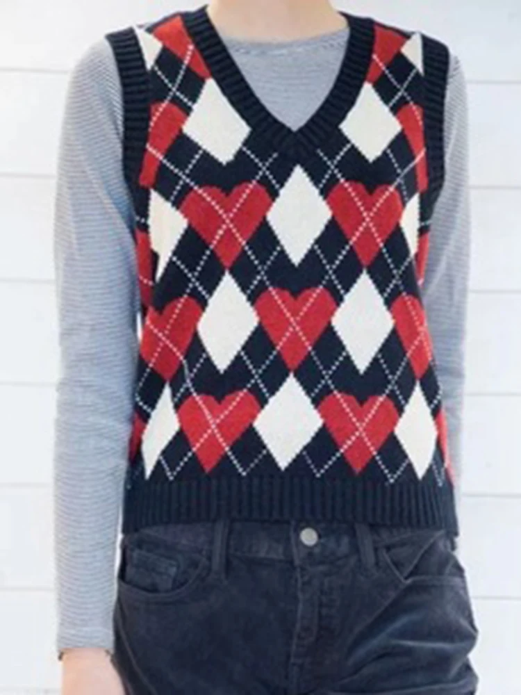 Клетчатый вязаный облегающий свитер жилет Женский Осенний мягкий хлопковый