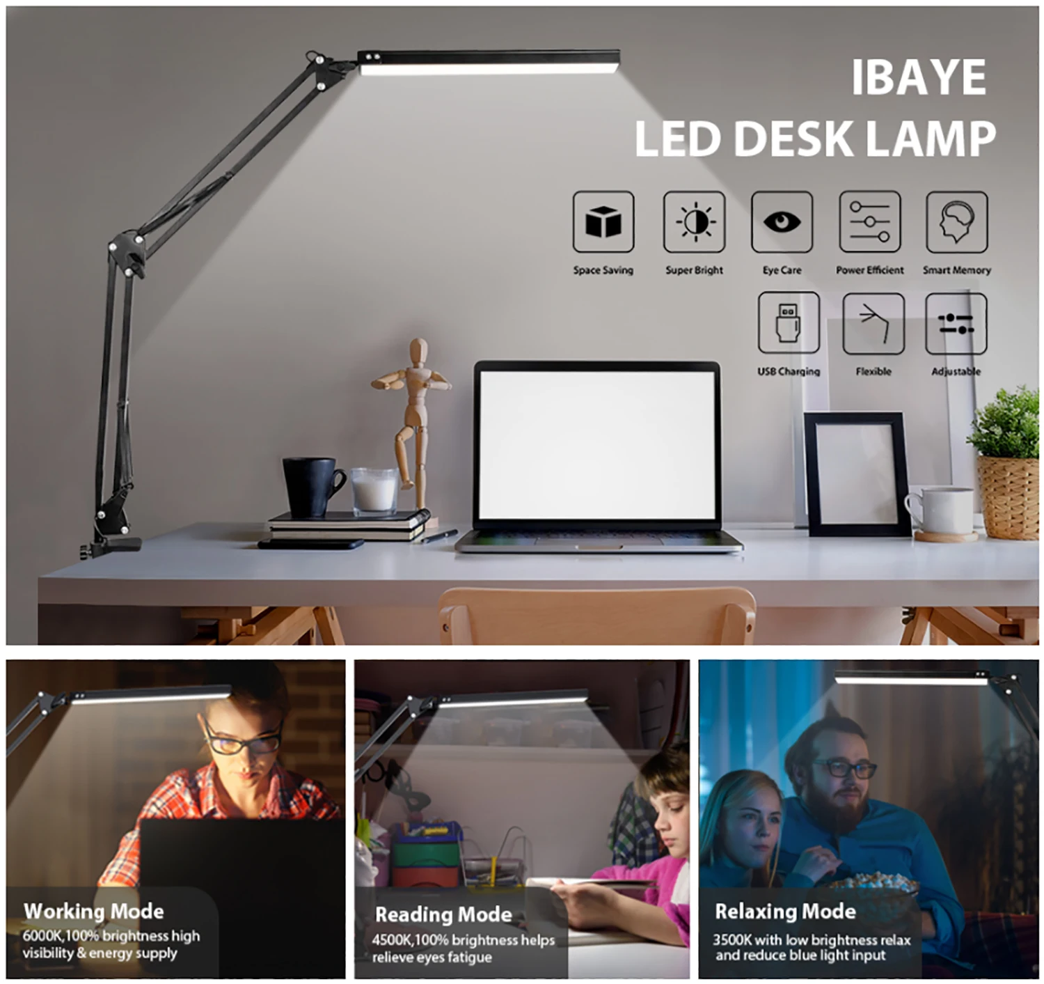 Swing Arm Lights LED Desk Lamp with Clamp Eye Caring Dimmable Lamps Modern Architect Table Reading Light for Study Work | Освещение