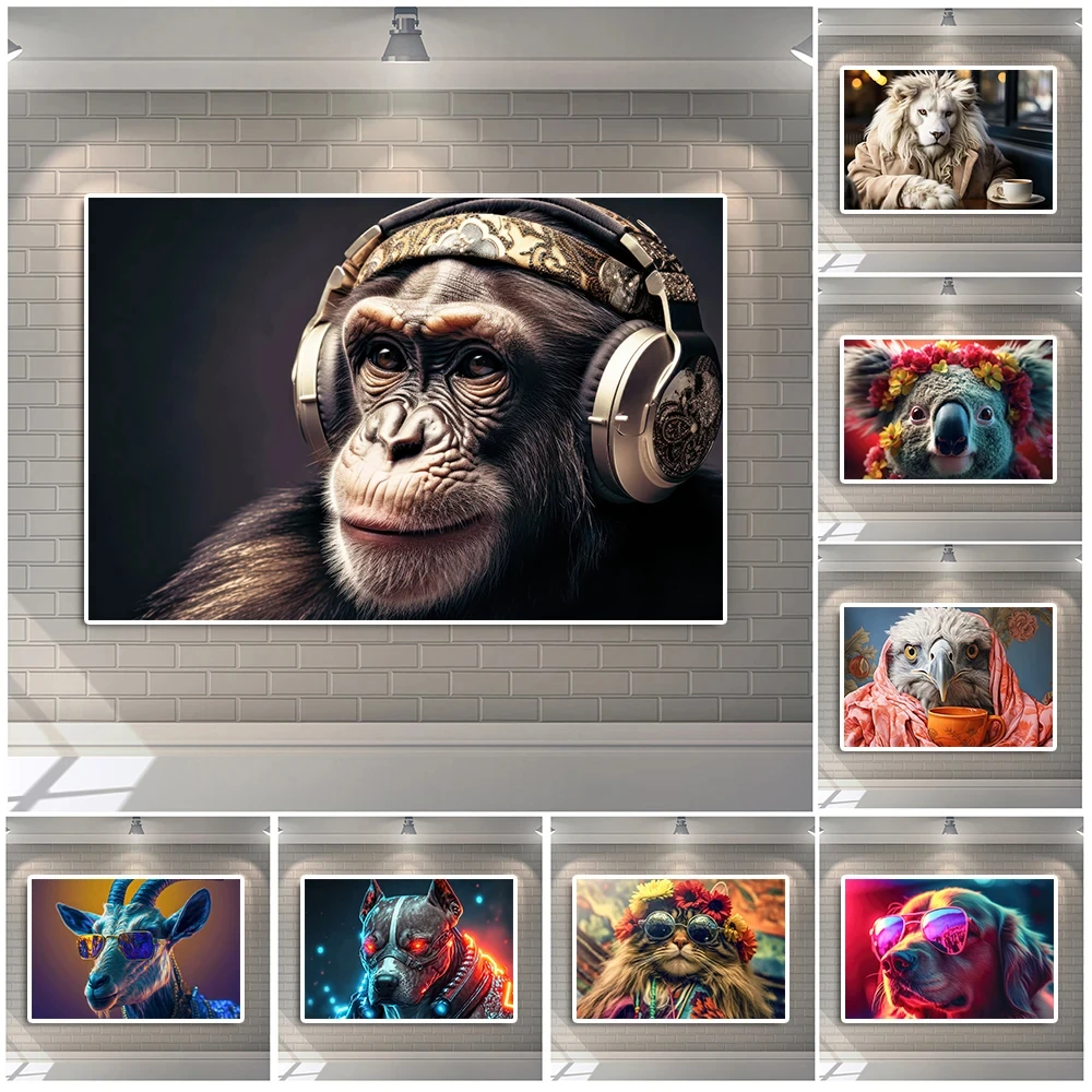 

Musical Monkey Wearing Glasses Funny Poster, Lion in Suit Canvas Painting Flowers Cat Comic Wall Art, Living Room Decor, Fashion