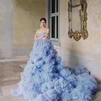 high end custom one shoulder blue fluffy ball gown elegant annual meeting banquet party evening dress