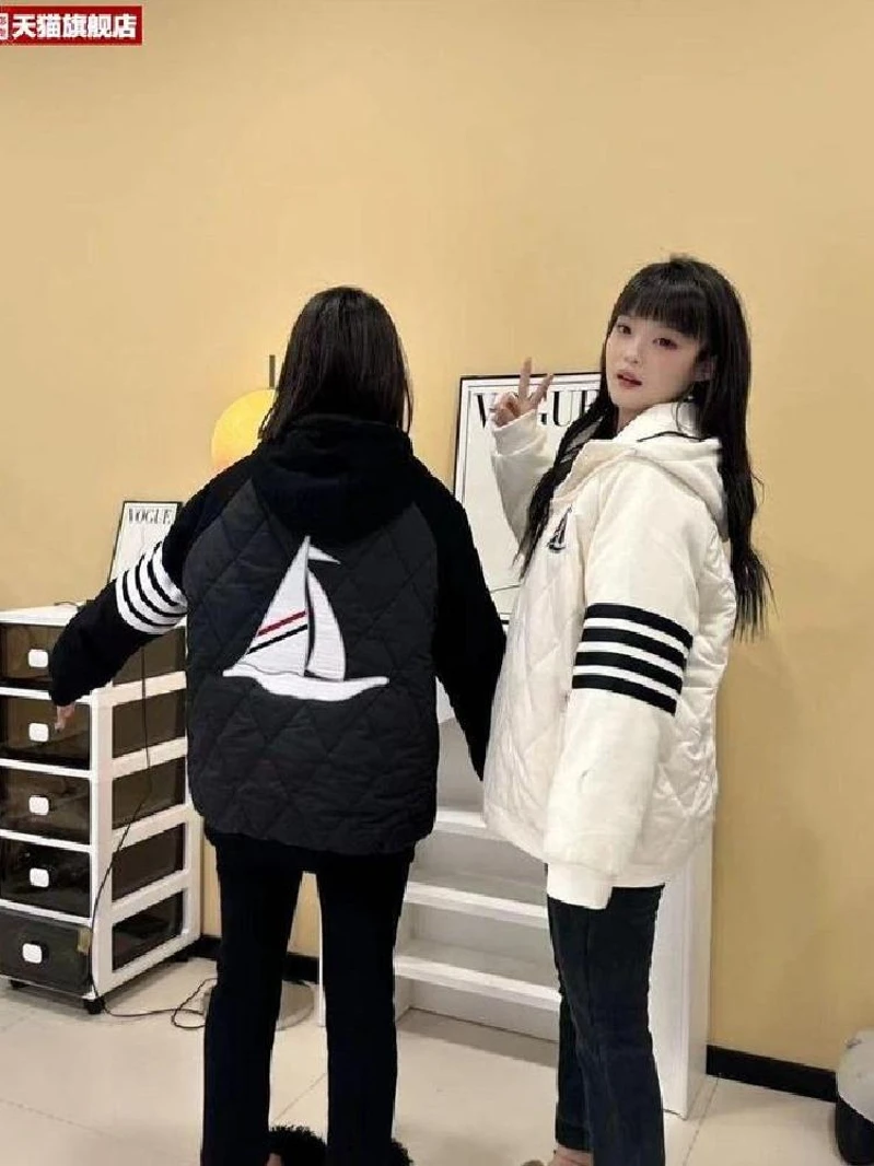 Autumn and Winter Embroidery Patchwork Sailing Cotton-Padded Coat Preppy Solid Jacket Warm Couple Hood Cotton-padded jacket O...