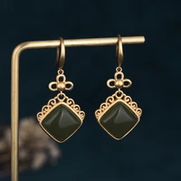 new china style dark green square jade hollow pattern simple hook ear jewelry gold copper alloy female earrings for women gifts