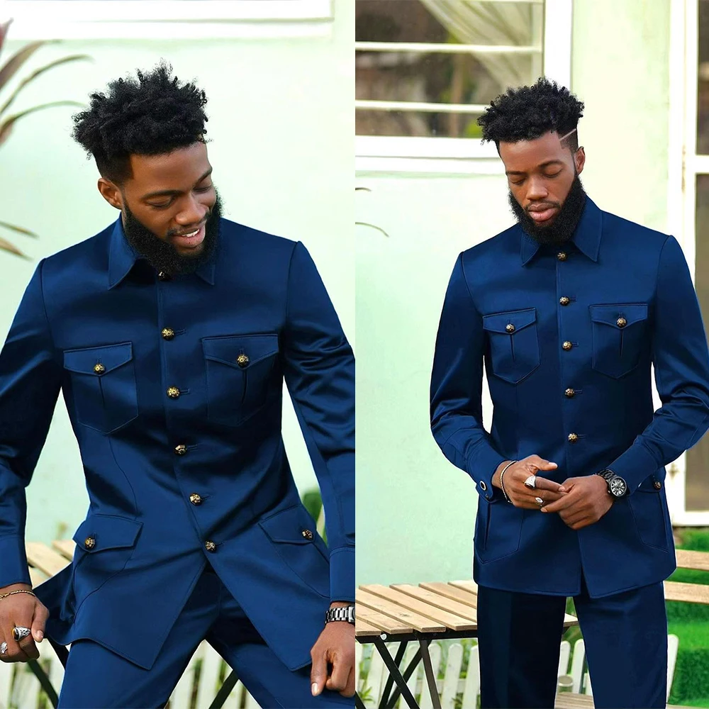 2 Pieces High Collar Men Suits Tailor-Made Royal Navy Blue Fashion Wedding Business Ceremony Formal Causal Prom Daily Tailored