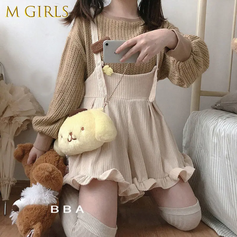 

M GIRLS Solid Corduroy Playsuits Women Ruffles Loose Spring Korean Style Ulzzang Kawaii Harajuku Leisure Soft Female Rompers Ins