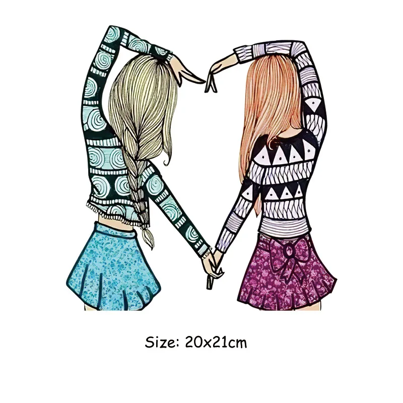 

20x21cm Fashion Girl Sisters Iron On Patches For DIY Heat Transfer Clothes T-Shirt Thermal Stickers Decoration Printed
