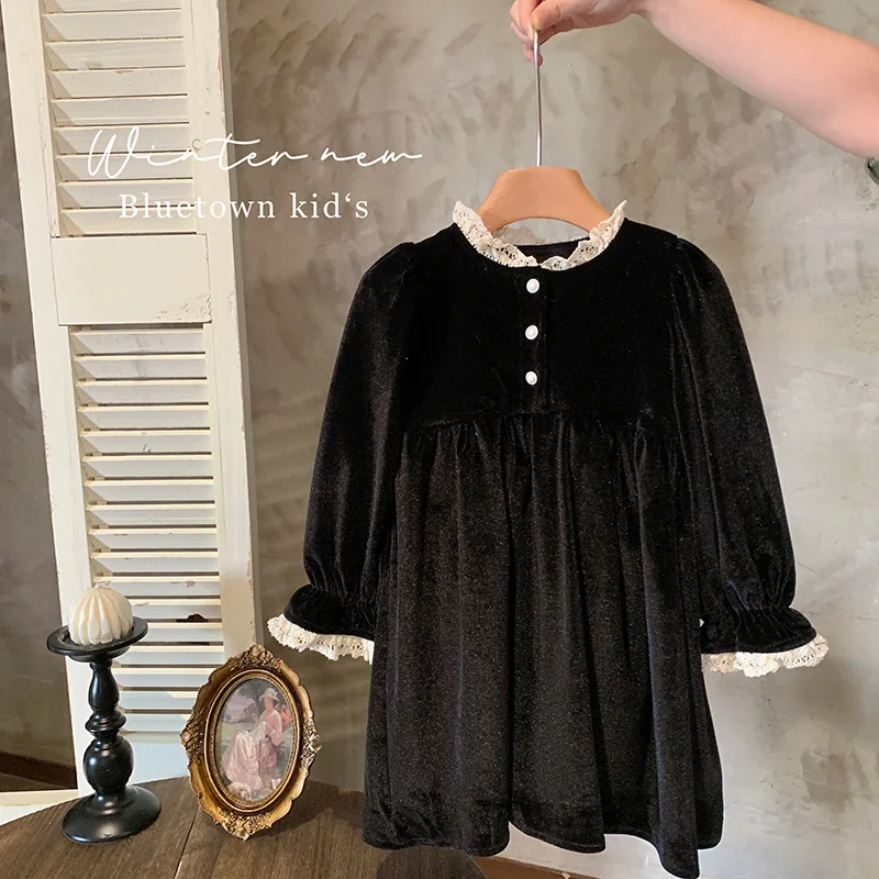 

Черное бархатное платье, одежда для маленьких девочек с кружевом, осенние элегантные Детские платья для девочек