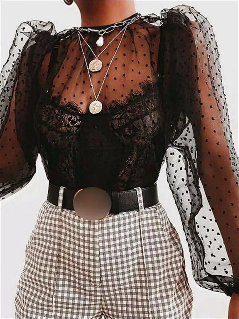 

New women traf shirtsroupas femininas blusas Ladies Women Sexy See Through Mesh Sheer O Neck Blouse Clubwear Shirt Tops Mesh Tra