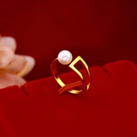 elegant women ring pearl yellow gold color pretty lady girl wedding party jewelry gift