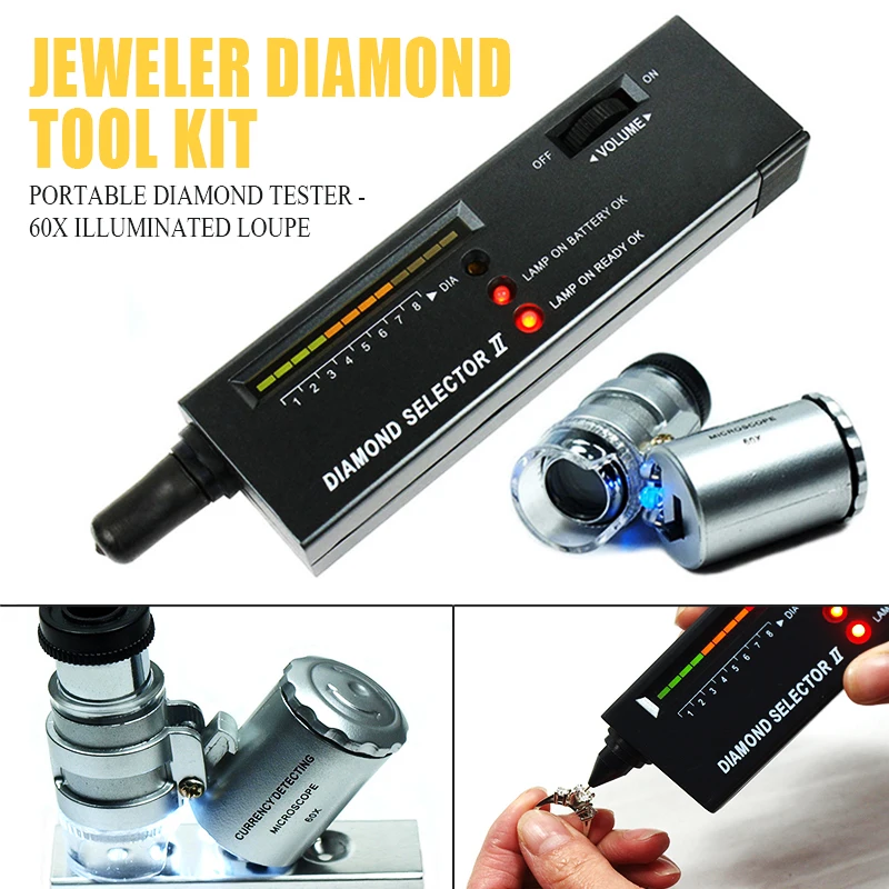 

Portable Jeweler Diamond Tester Tool Kit 60X Illuminated Loupe w/ Battery