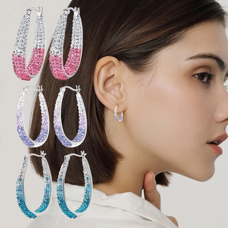 

New Women's Earrings Lucky Crystal Small Hoop Earrings Creative U Shape Colorful Silver Earrings Women's Fashion Wedding Jewelry