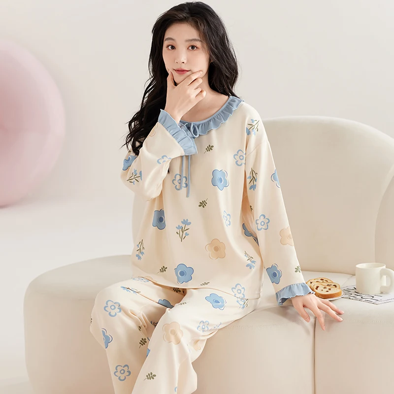 Пижамный комплект женский с длинным рукавом одежда для сна синими цветами милые