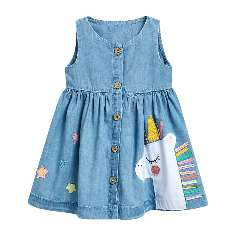 

Frocks for Girls 2021 Summer Baby Girl Clothes Unicorn Denim Color Sundress Toddler Pinafore Sleeveless Dress for Kids 2-7 Years