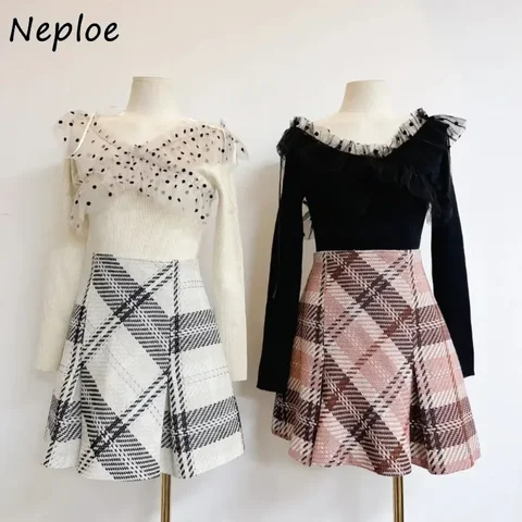 Neploe Preppy офисный женский пуловер с разрезом в горошек, вязаная вуаль в стиле пэчворк, вязаный японский свежий универсальный топ на шнуровке с оборками