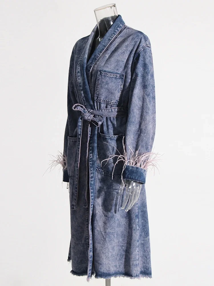 Женское джинсовое платье с перьями v-образным вырезом и длинными рукавами смесь