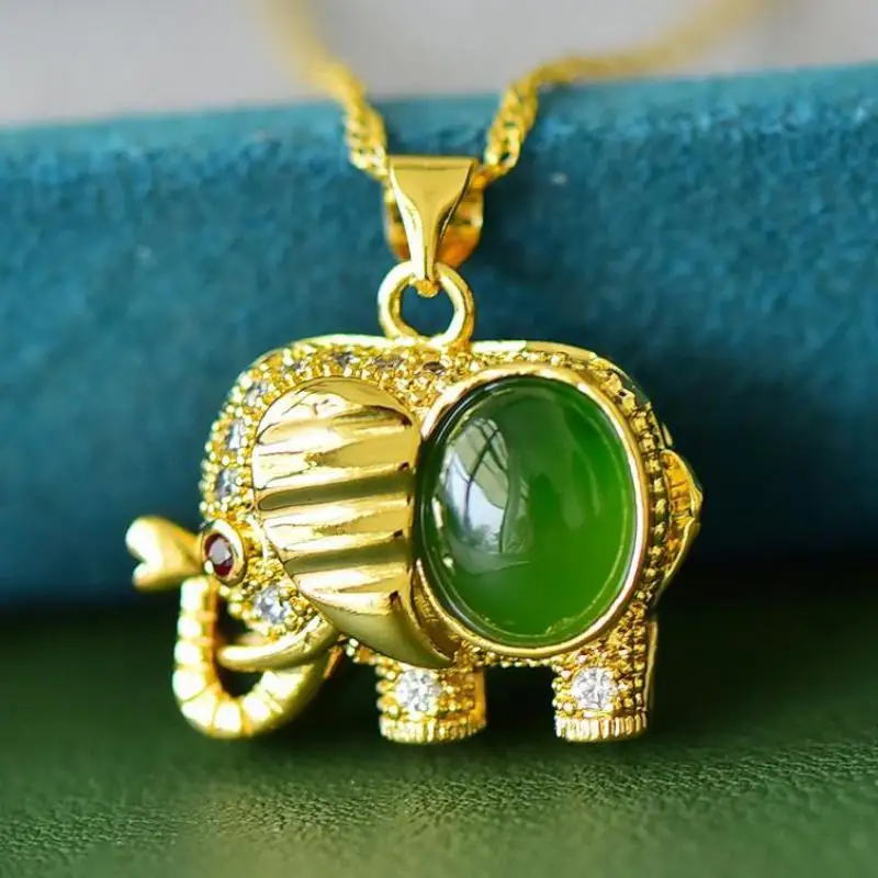 

Women Green Jade Necklace Yellow Copper White Zircon Hetian Jades Nephrite Golden Elephant Pendant Necklaces Feng Shui Amulets