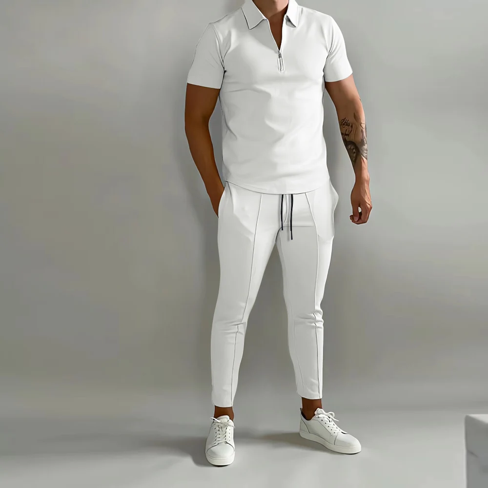 Men Fashion Polo Suit Men Casual Set Summer Solid Color V-neck Zipper Short Sleeved POLO Shirt+Pockets Pants Two Pieces Set Men