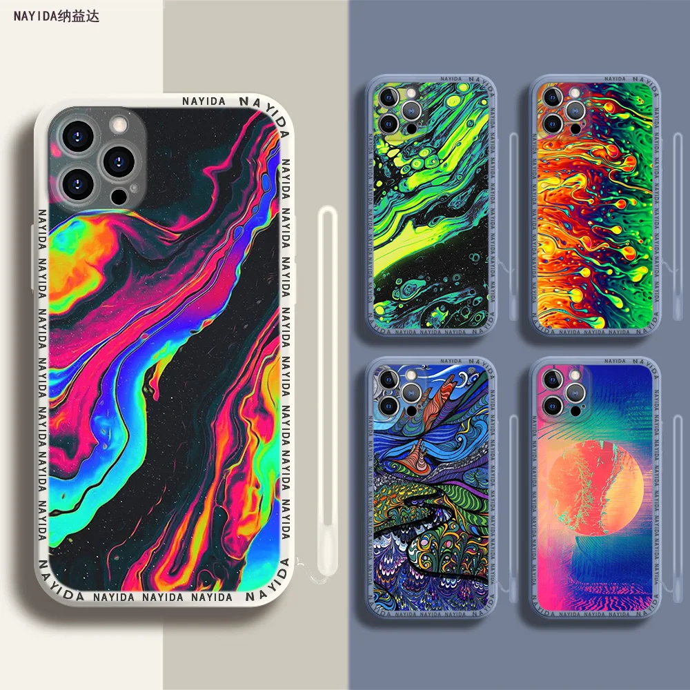 

Soft Silicone Phone Case For iPhone 14 13 11 12 Mini Pro Max XS XR X Blue Lanyard Cover Abstract Bright Lsd Trippy